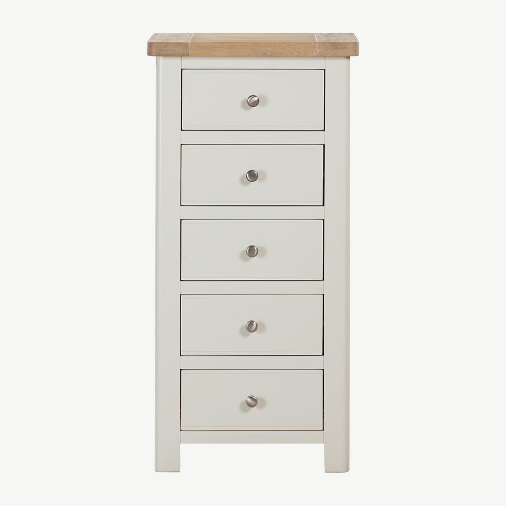 Painted off-white 5 drawer chest with natural wood top, five spacious drawers with accompanying silver drawer knobs