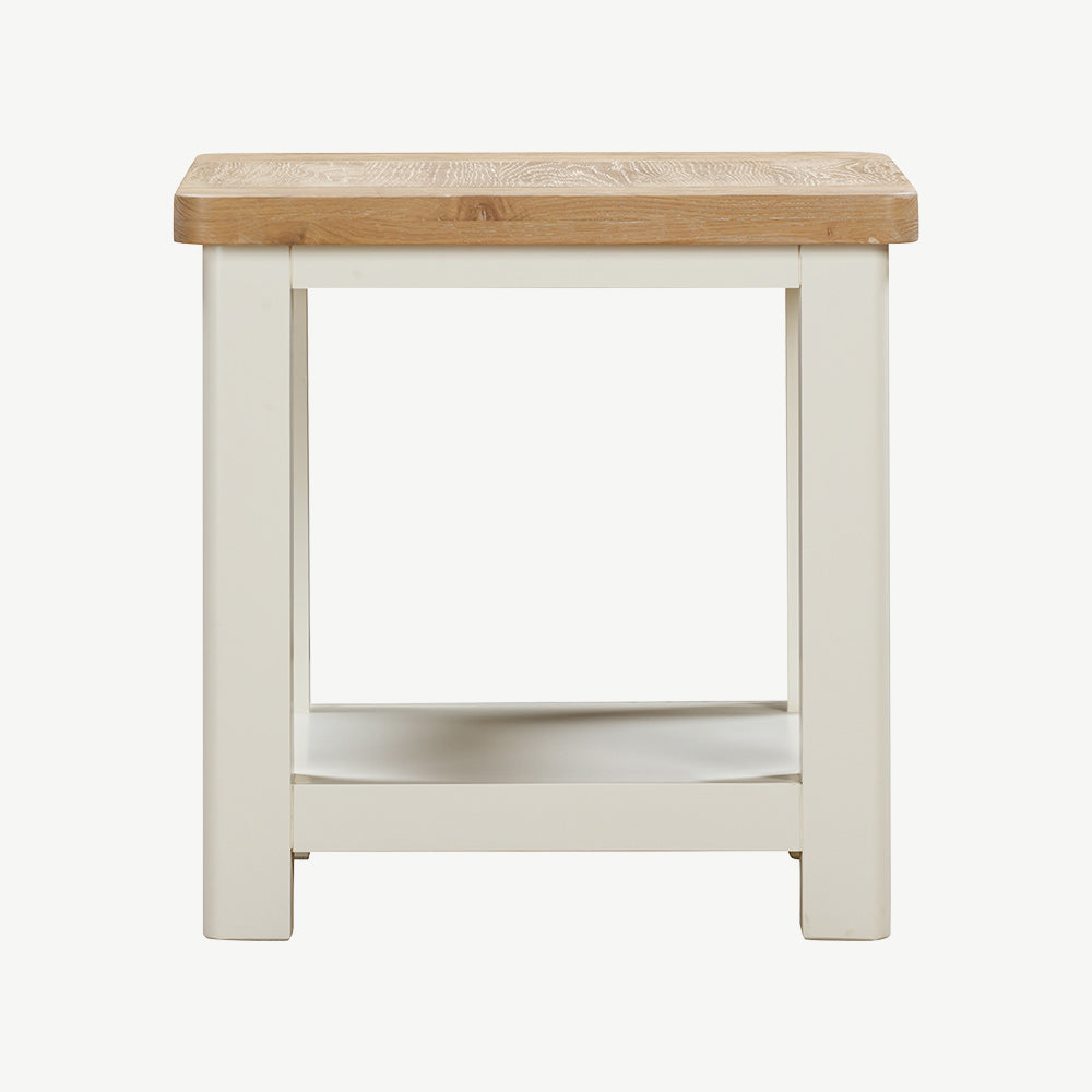 Painted off-white lamp table with natural wood top and lower storage shelf