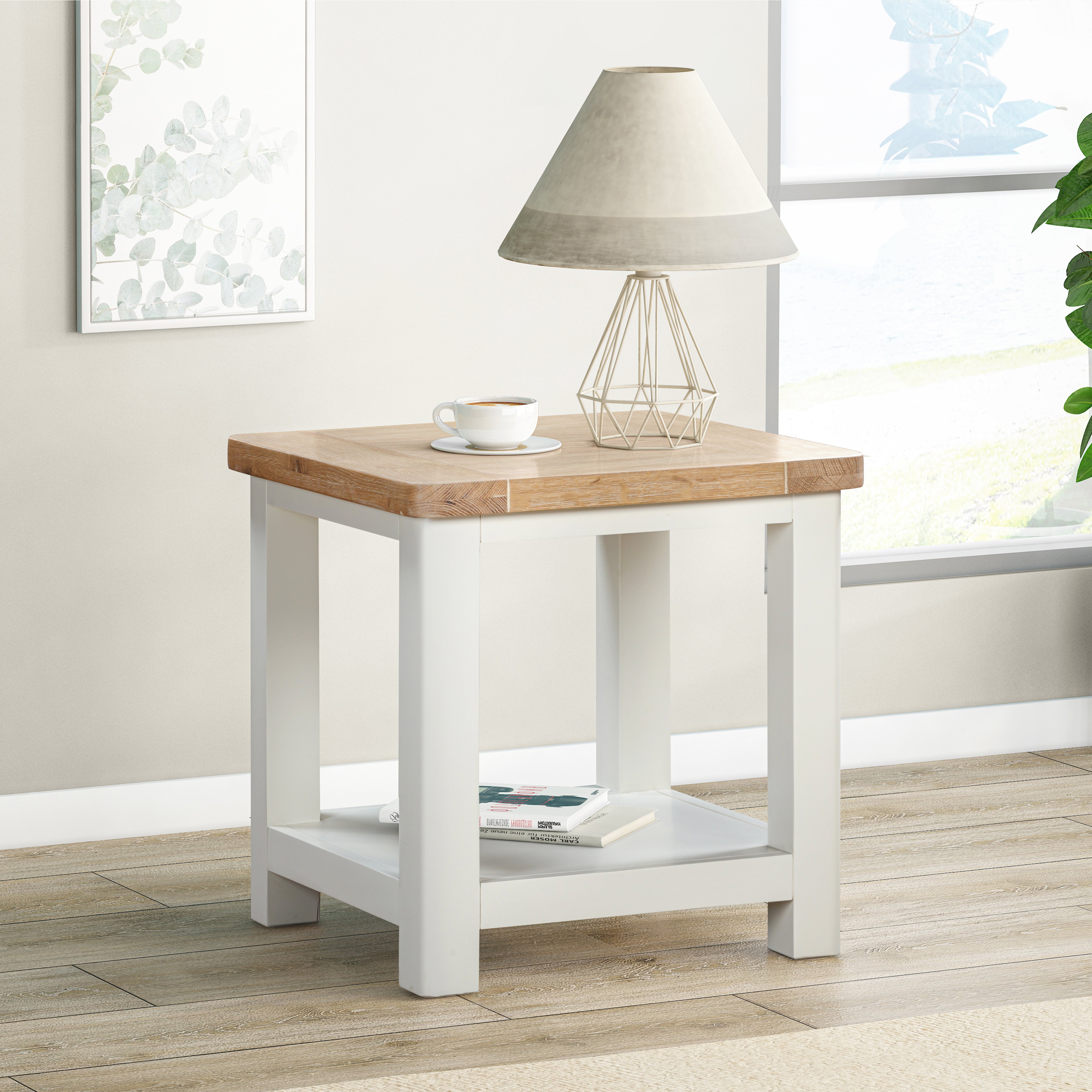 Painted off-white lamp table with natural wood top and lower storage shelf