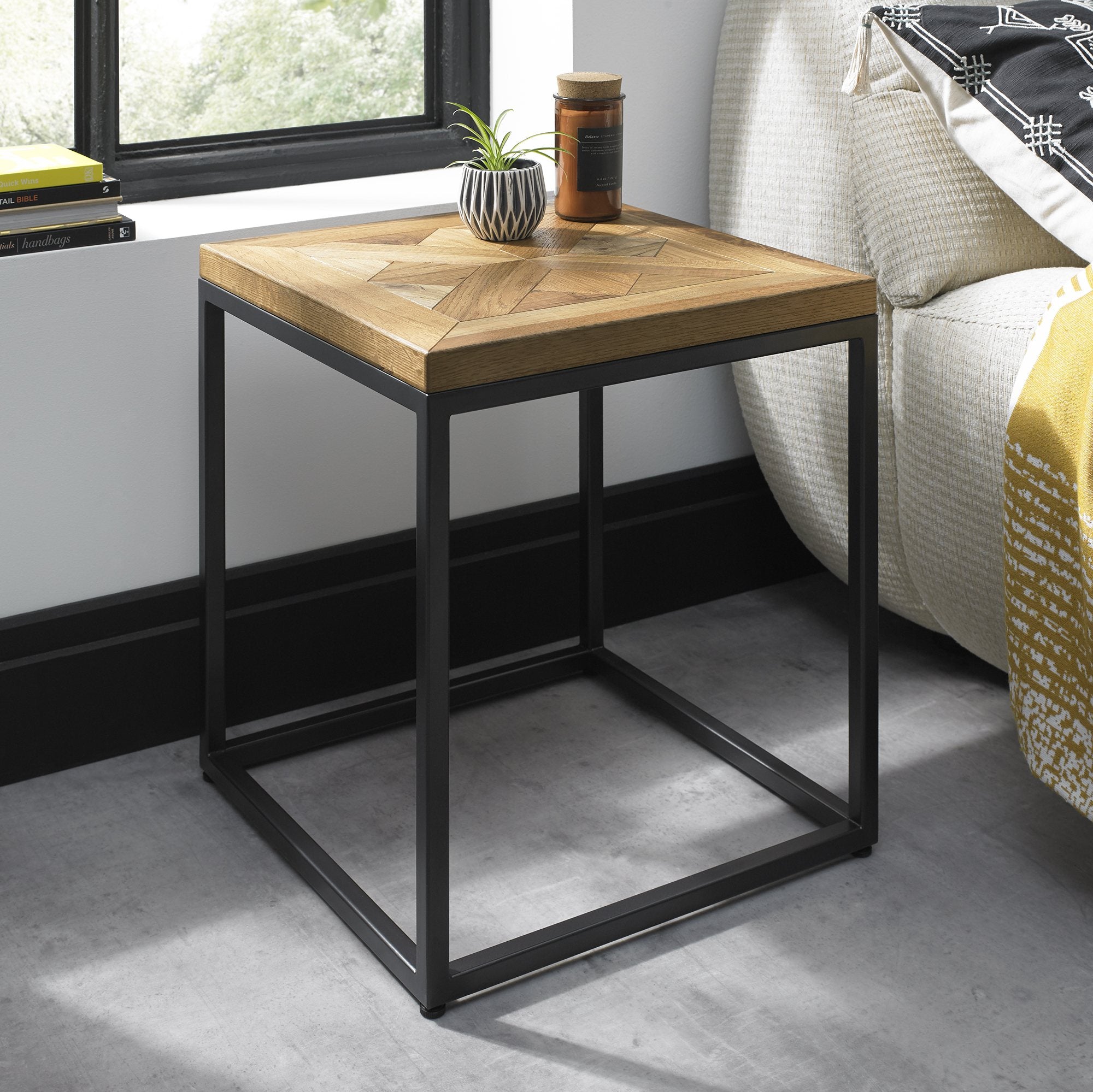 Oak veneer lamp table with black powder coated metal base