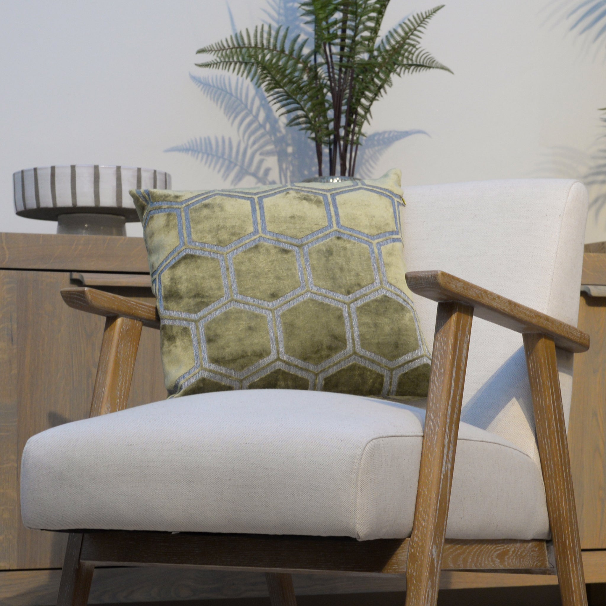 Ivory Hexagon Cushion in Green