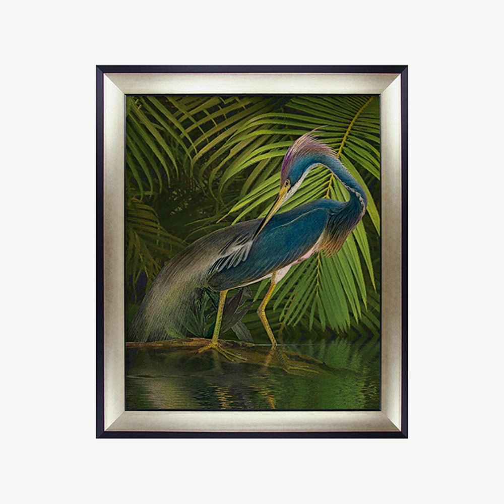 Majestic bird by water artwork scene in blue and green, in a champagne frame with black edge