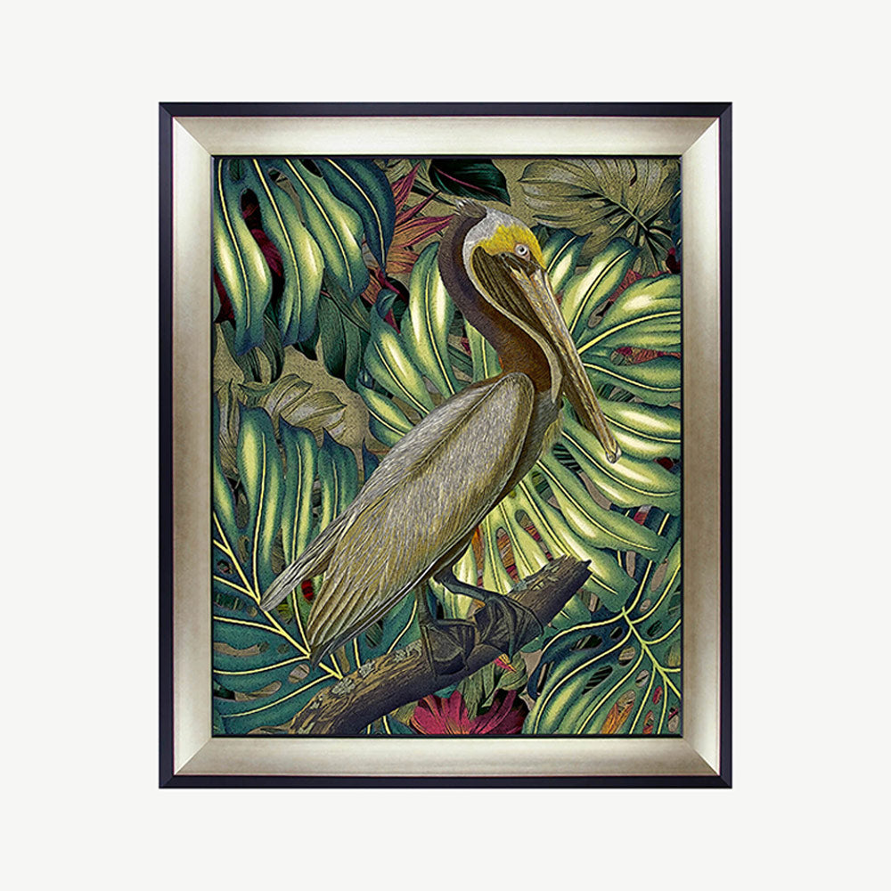 Graceful bird artwork in rich brown tones, set on green and red jungle scene in champagne frame with black egde