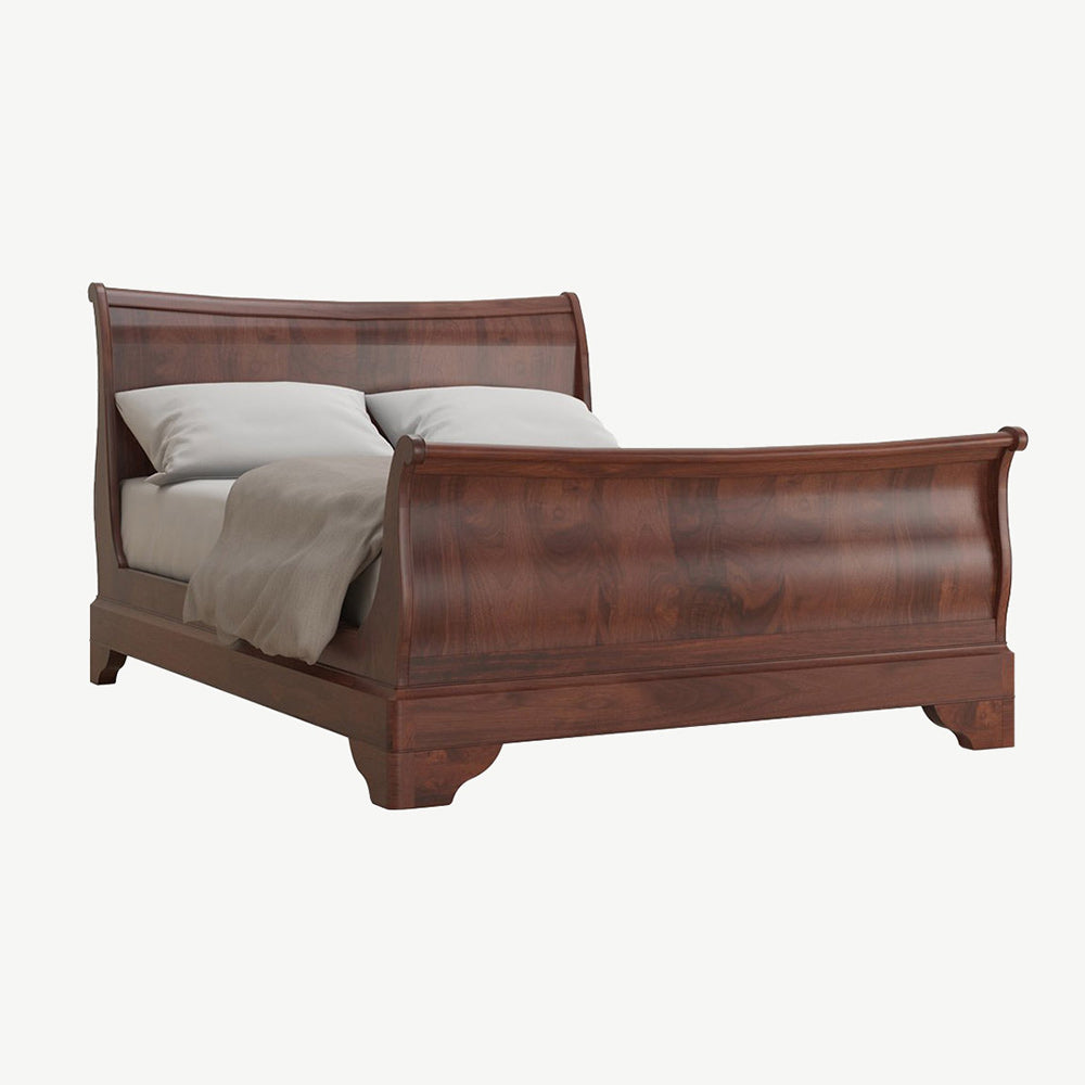 Stylish sleigh bed in lacquered heva & prima vera veneer