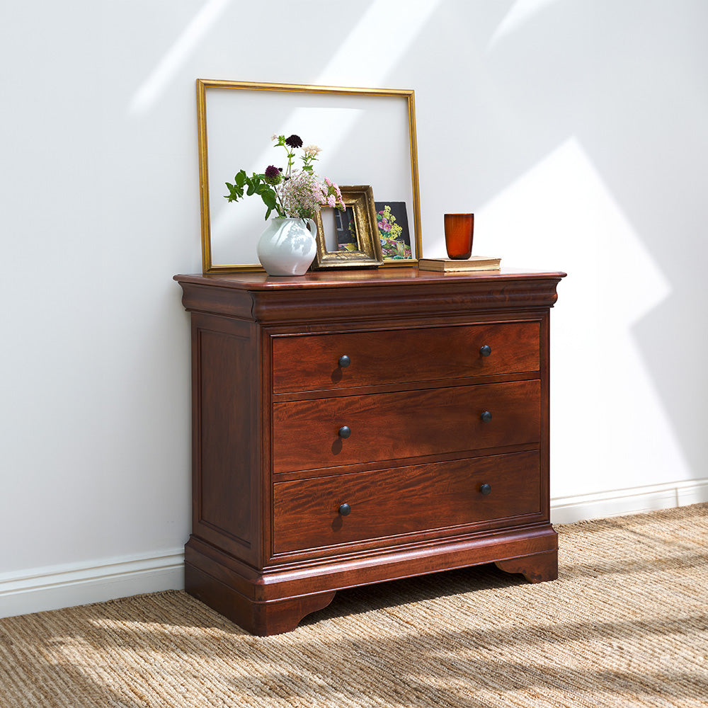 Wide 3 drawer chest crafted from solid wood veneers in rich cherrywood