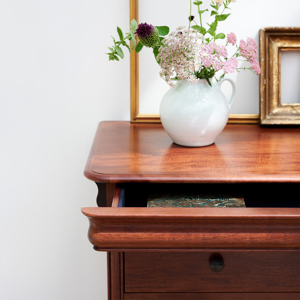 Wide 3 drawer chest crafted from solid wood veneers in rich cherrywood