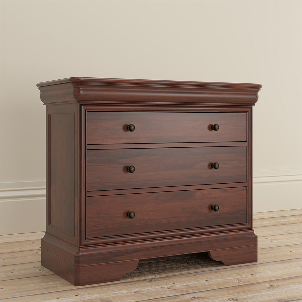 Wide 3 drawer chest crafted from solid wood veneers in rich cherrywood
