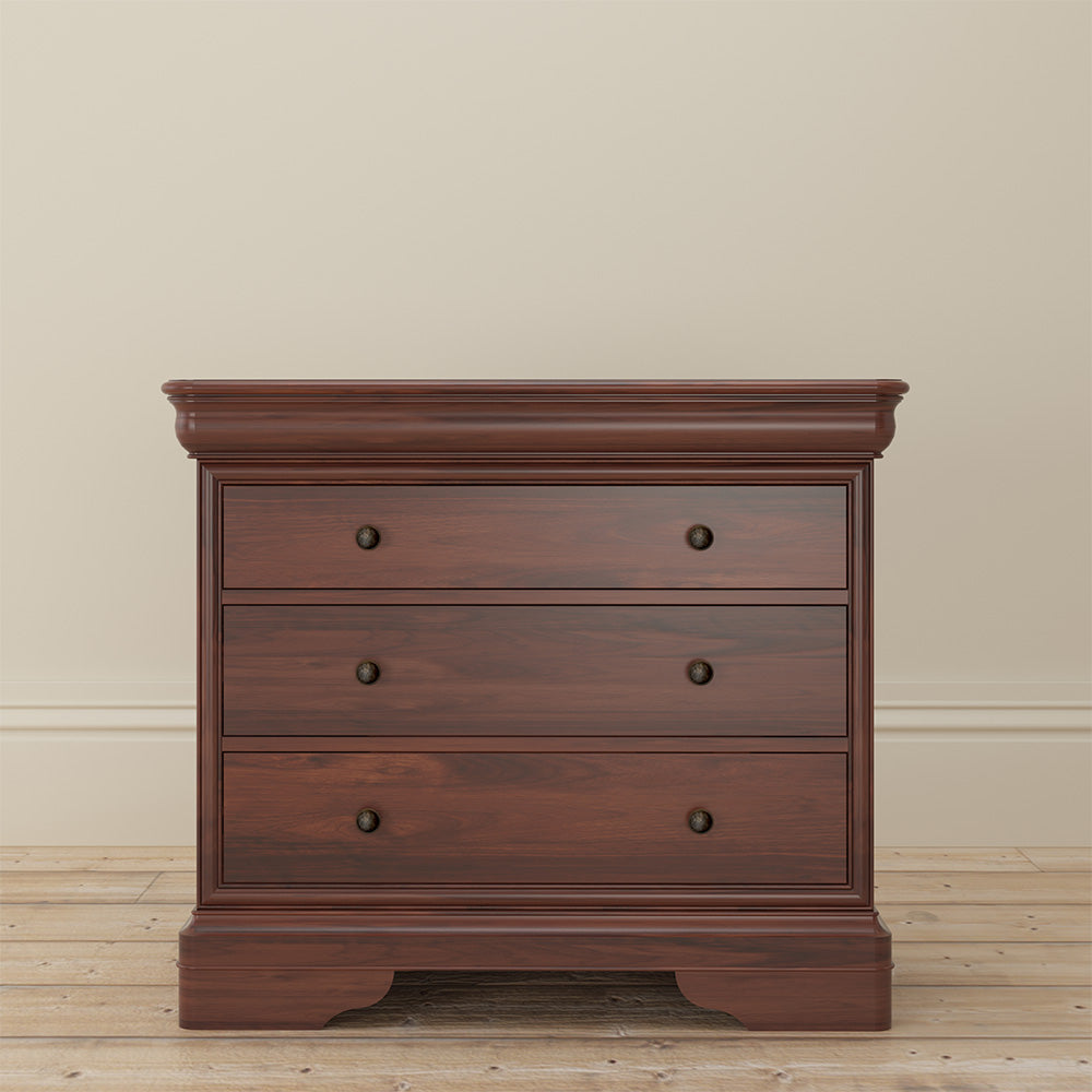 Wide 3 drawer chest crafted from solid wood veneers in rich cherrywood