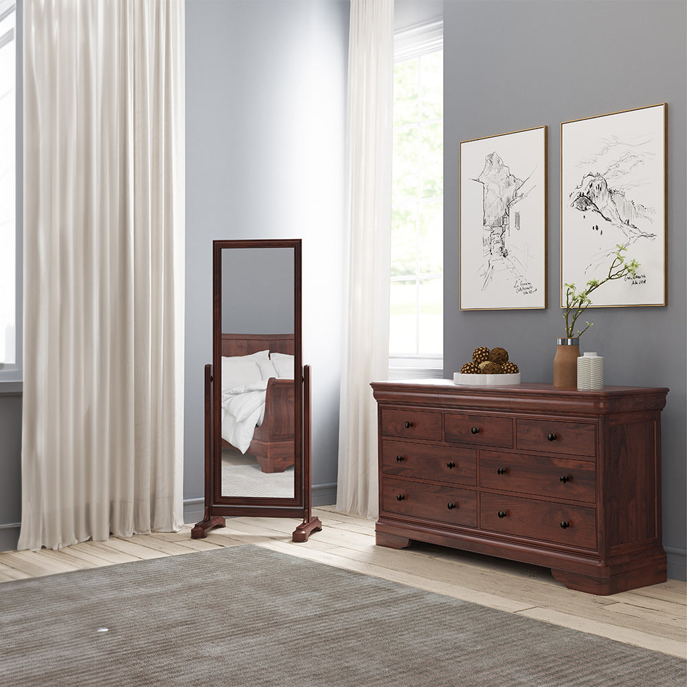 Wide 4 and 3 drawer chest crafted from solid wood veneers in rich cherrywood