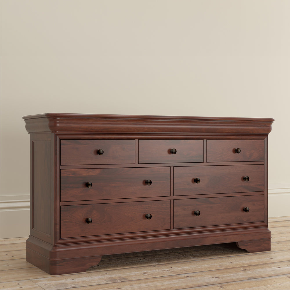 Wide 4 and 3 drawer chest crafted from solid wood veneers in rich cherrywood