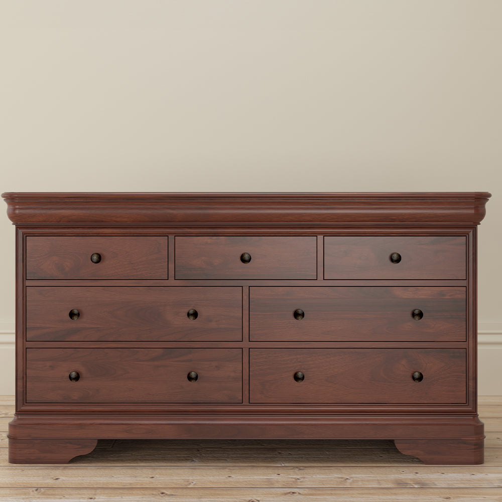 Wide 4 and 3 drawer chest crafted from solid wood veneers in rich cherrywood