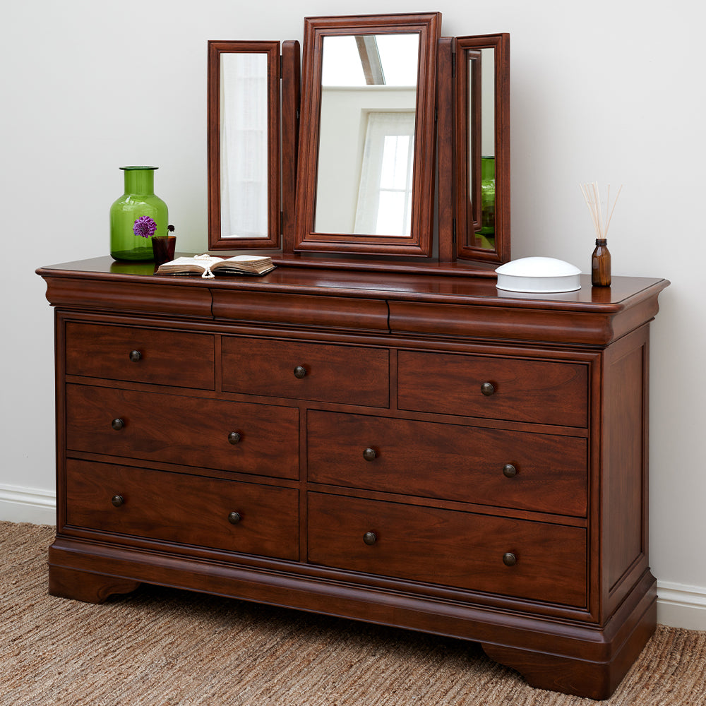 Classic french influenced gallery mirror handcrafted from heva & prima vera veneer