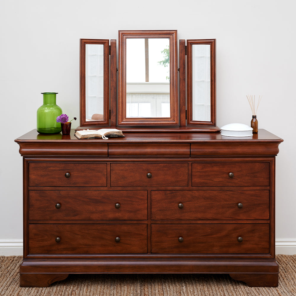 Classic french influenced gallery mirror handcrafted from heva & prima vera veneer
