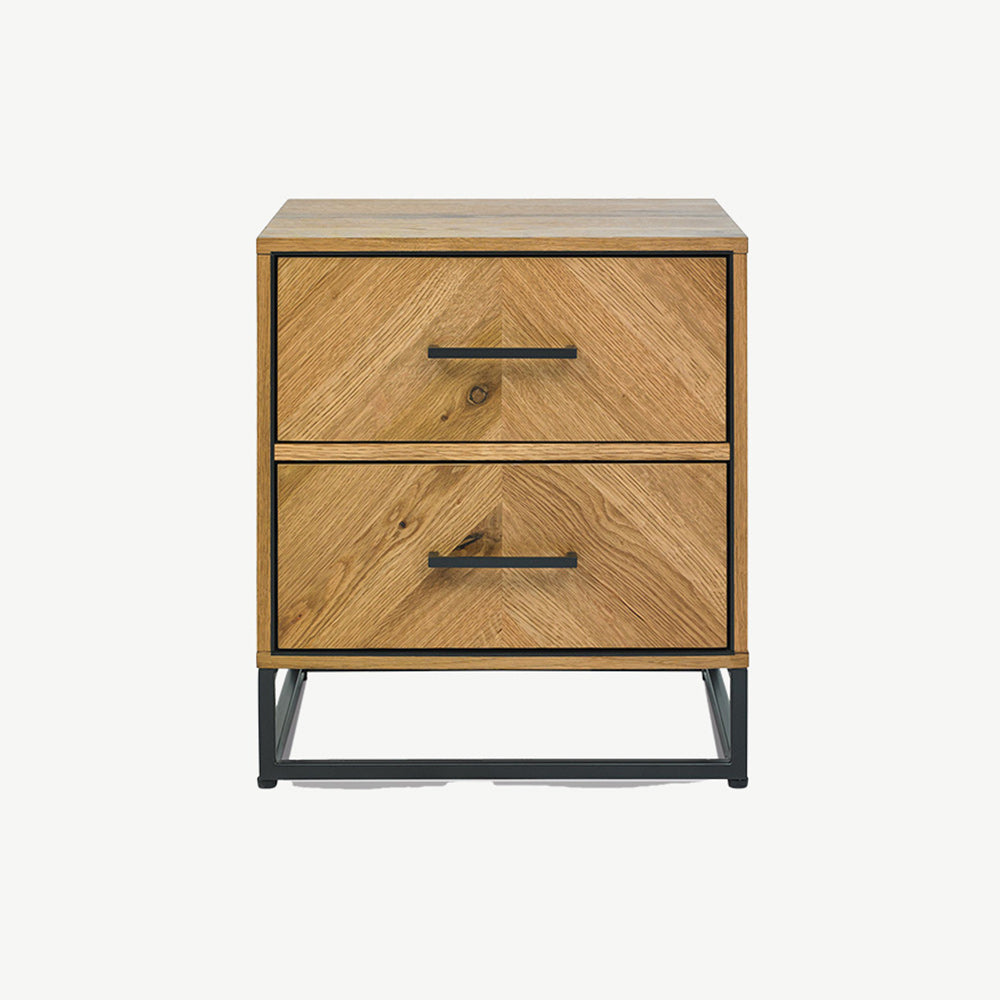Rustic oak 2 drawer nightstand with black powder coated metal frame