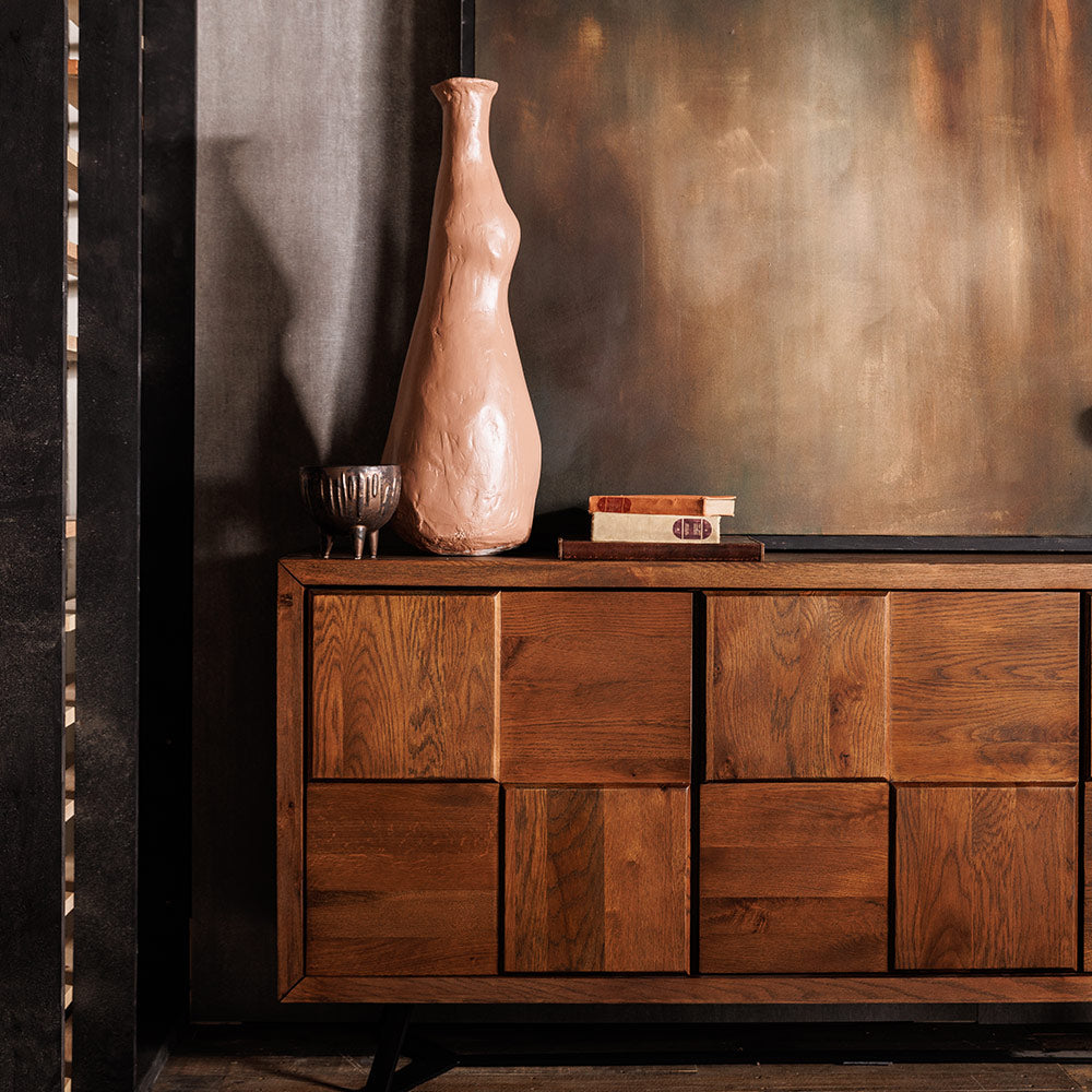 Solid oak checkerboard front sideboard in natural finish with black powder coated metal legs