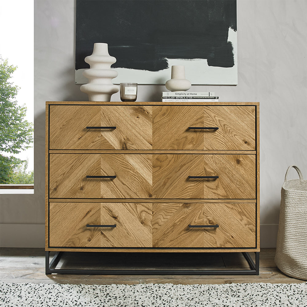 Rustic oak 3 drawer tall chest with black powder coated metal frame