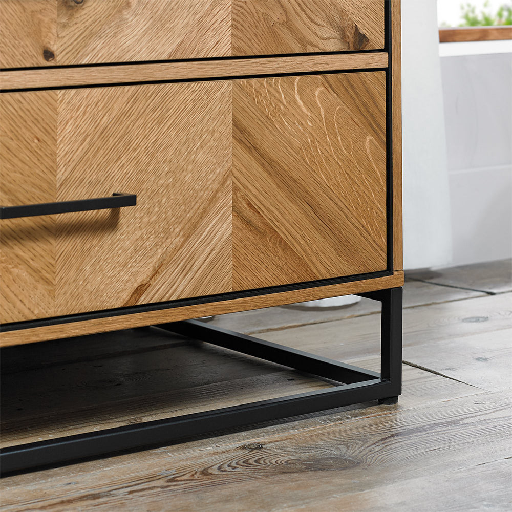 Rustic oak 3 drawer tall chest with black powder coated metal frame
