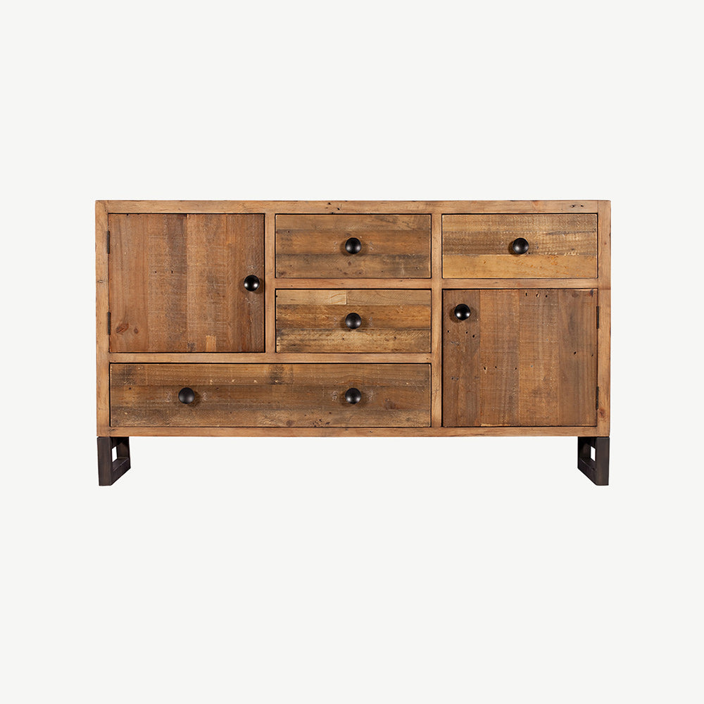 Reclaimed timber wide sideboard in natural finish with black powder coated metal feet