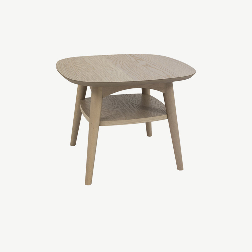 Oak veneer lamp table with shelf and solid beech legs in light oak finish