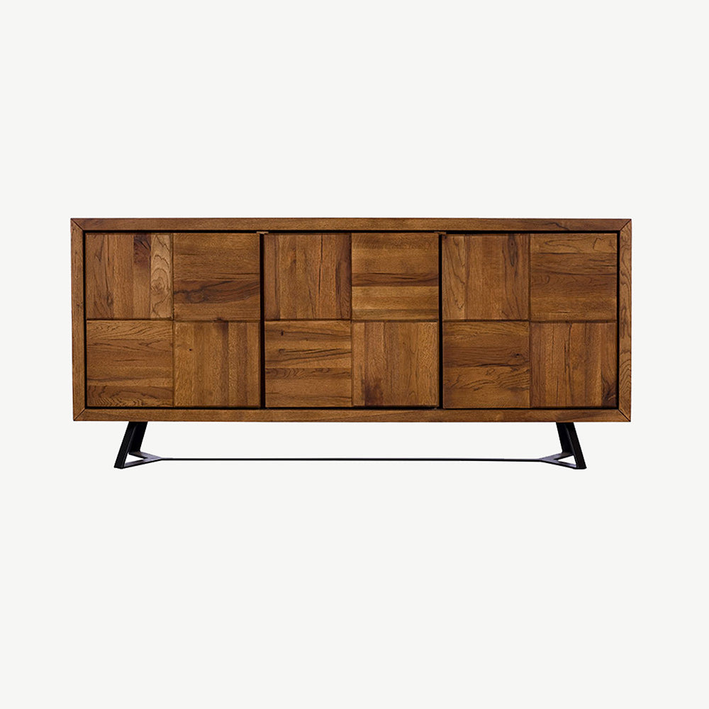 Solid oak checkerboard front sideboard in natural finish with black powder coated metal legs