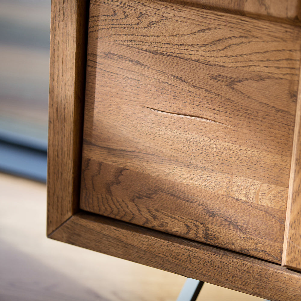 Solid oak checkerboard front sideboard in natural finish with black powder coated metal legs