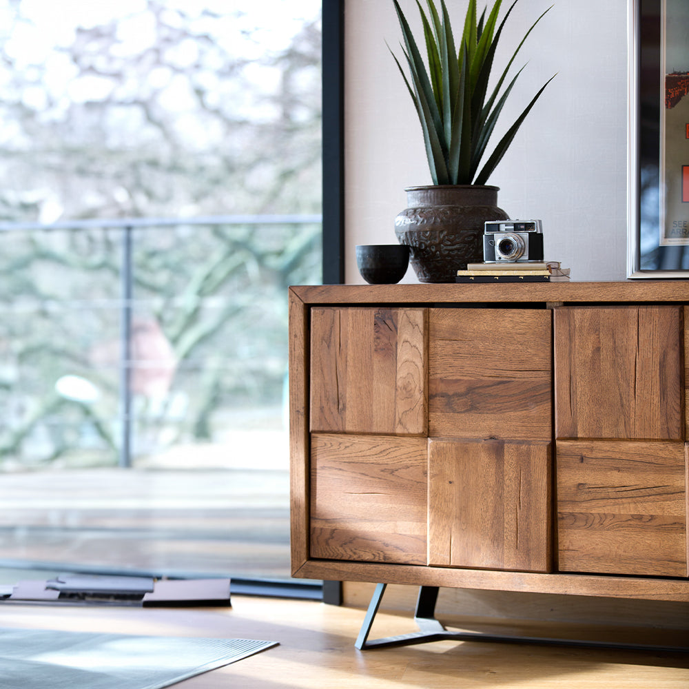 Solid oak checkerboard front sideboard in natural finish with black powder coated metal legs