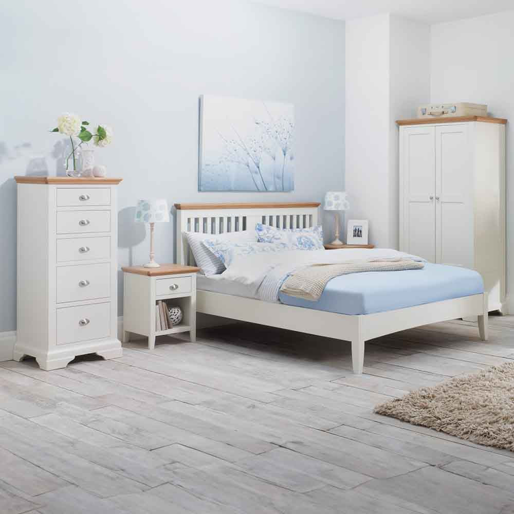 Two tone tall 5 drawer chest painted white with natural oak top