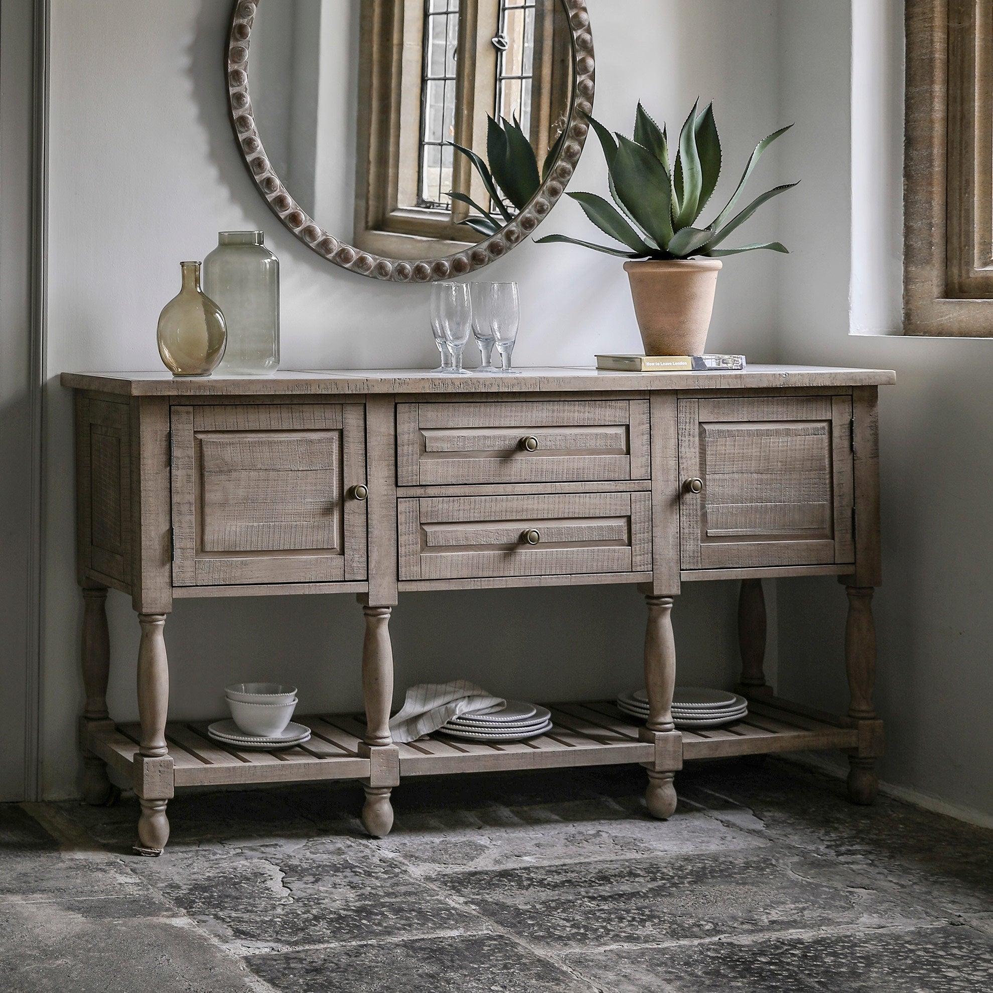 Pine sideboard in natural finish with inset marble top
