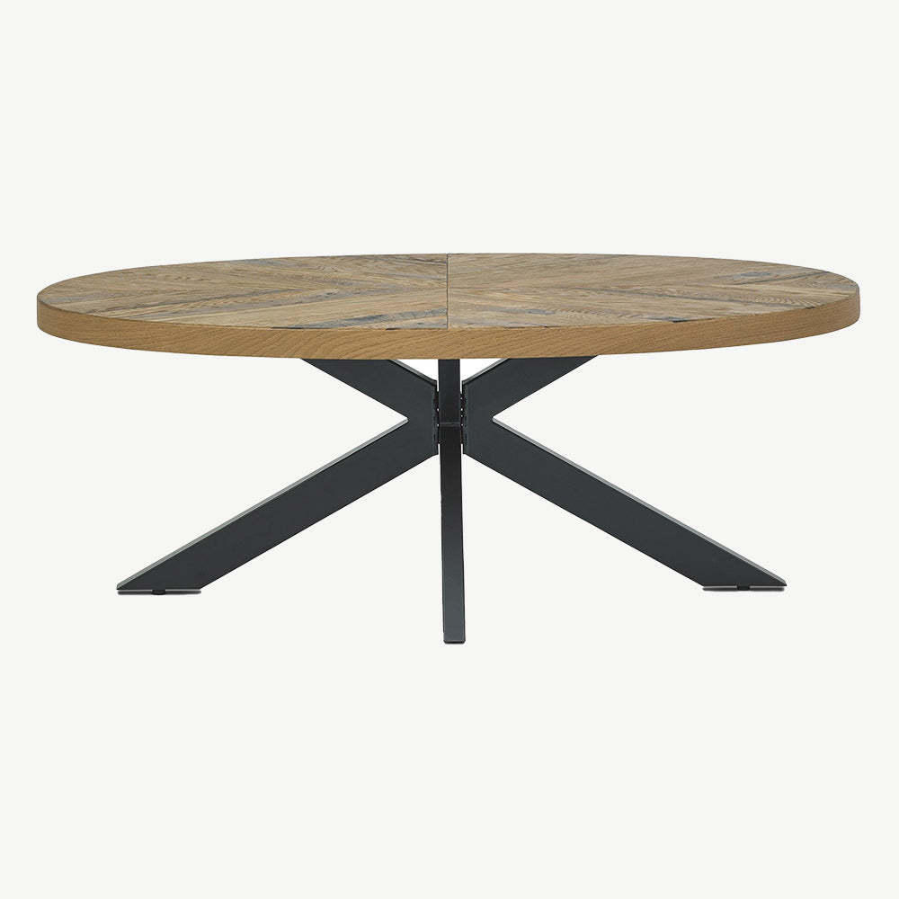 Solid oak coffee table with rustic oak marquetry tops & black powder coated metal base