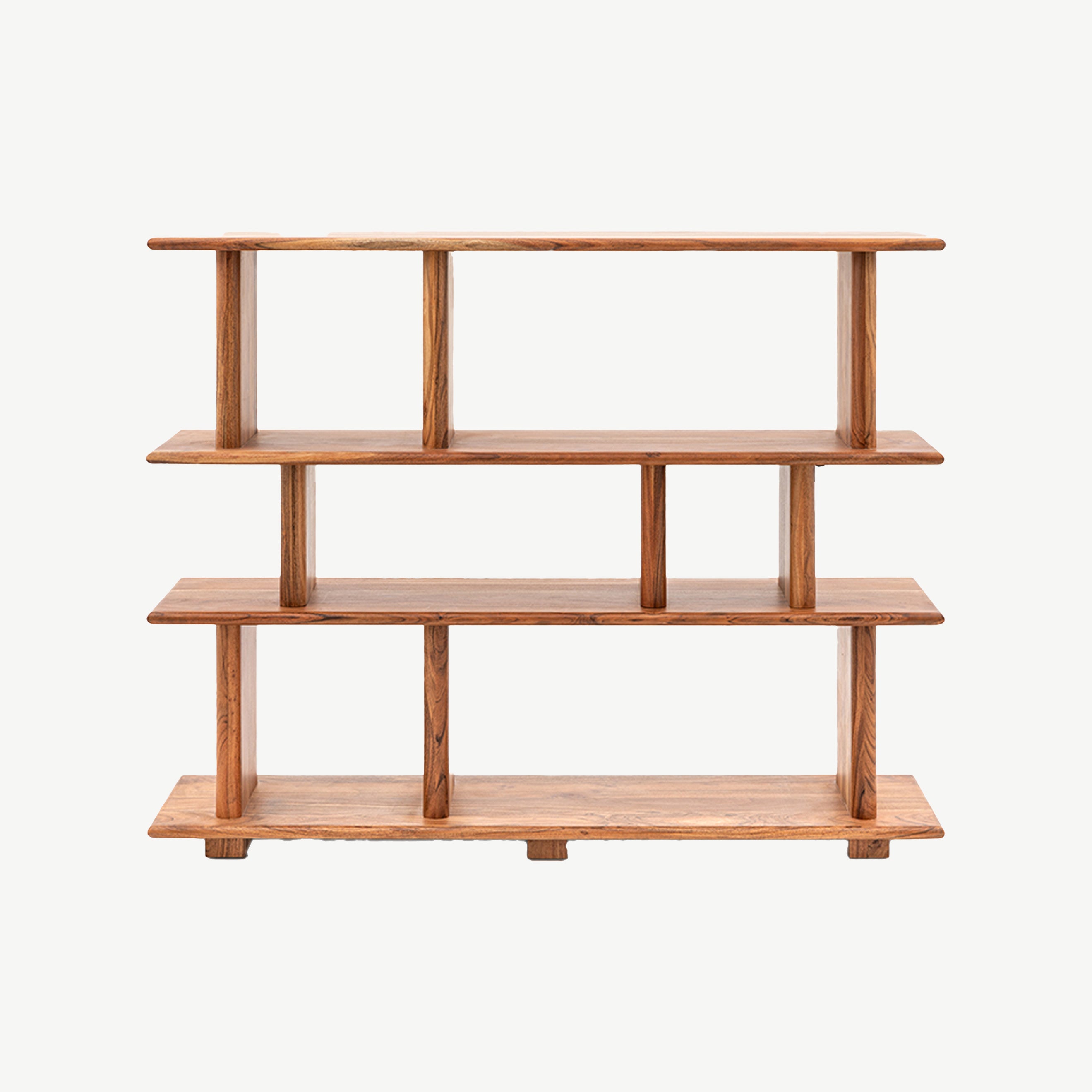 Acacia wood open display unit in natural finish with four interlocking wide shelves