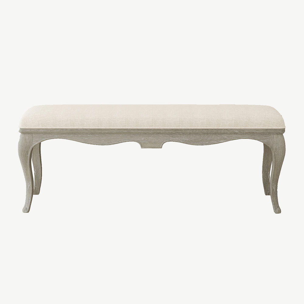 Solid oak bench in soft antique finish and fabric linen seat