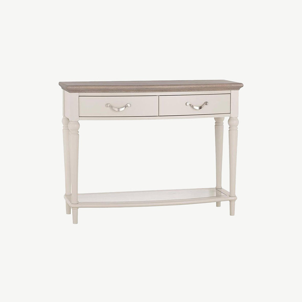 Oak soft grey console table with natural oak top