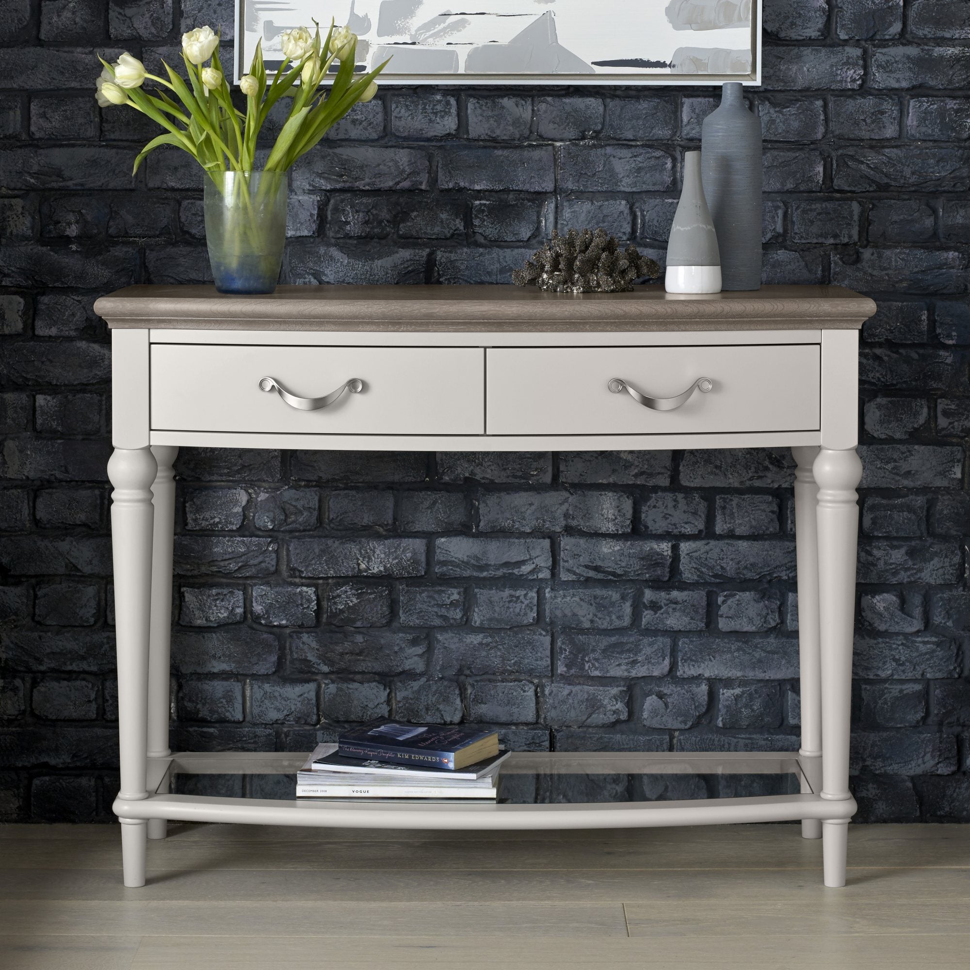 Oak soft grey console table with natural oak top