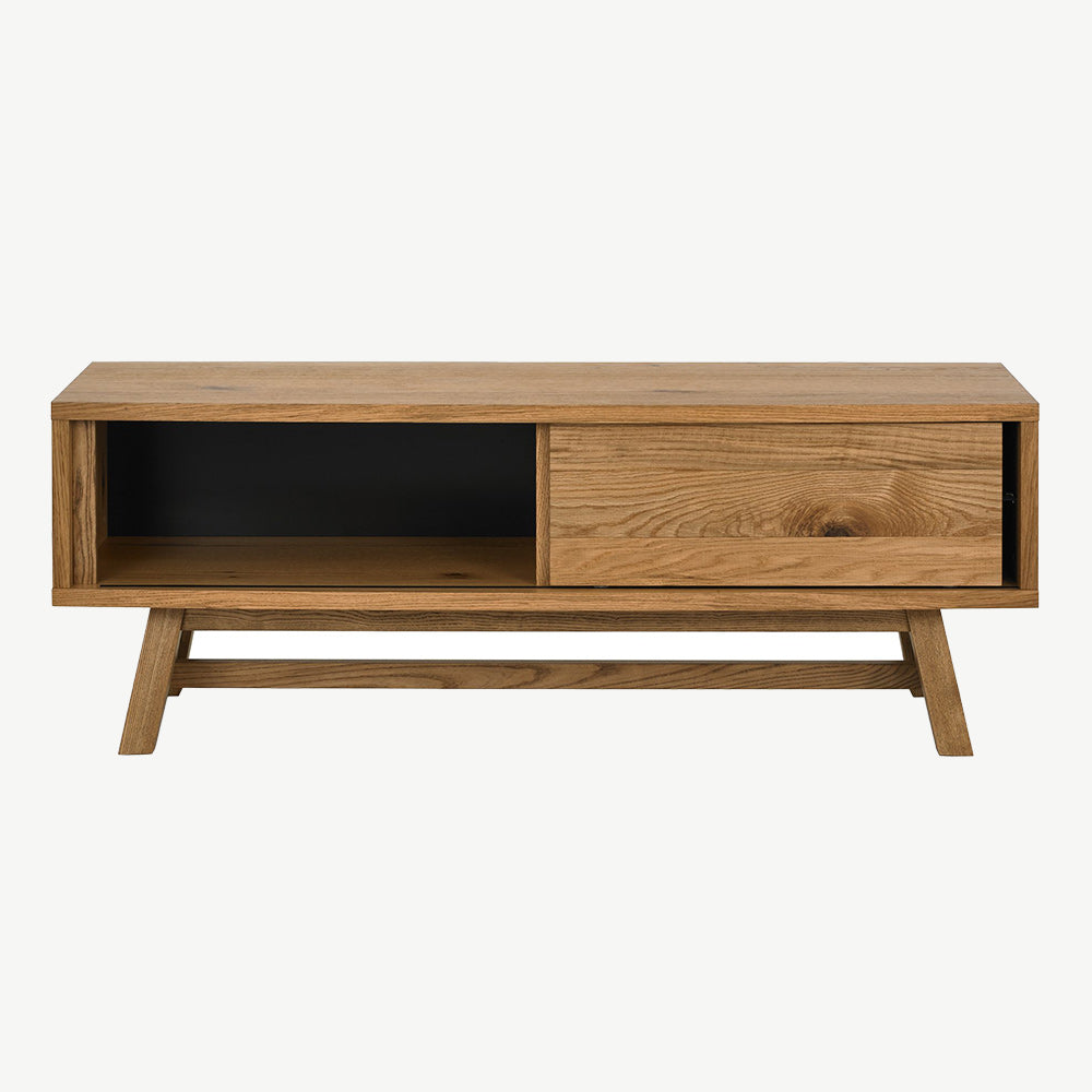 Rustic oak entertainment unit with laminated oak top and solid ash legs all in natural finish