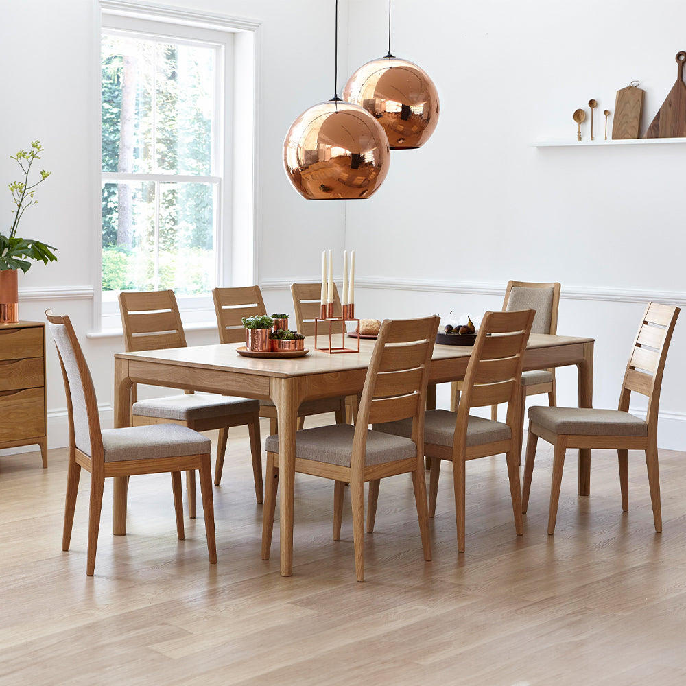 Ercol Romana solid oak ladderback dining chair with fabric seat