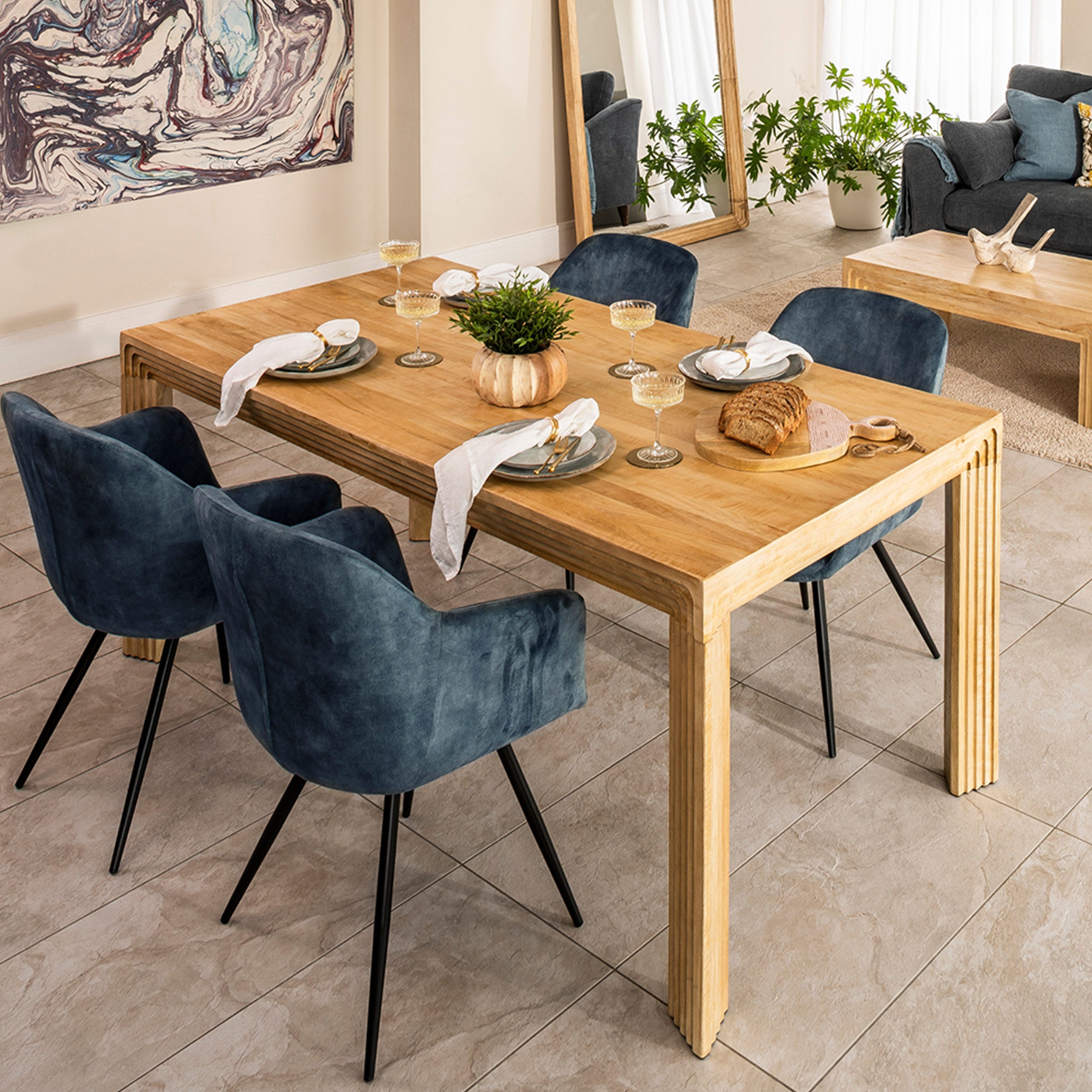 Pale mango wood rectangular dining table with unique layered effect legs and layered arch detailing top