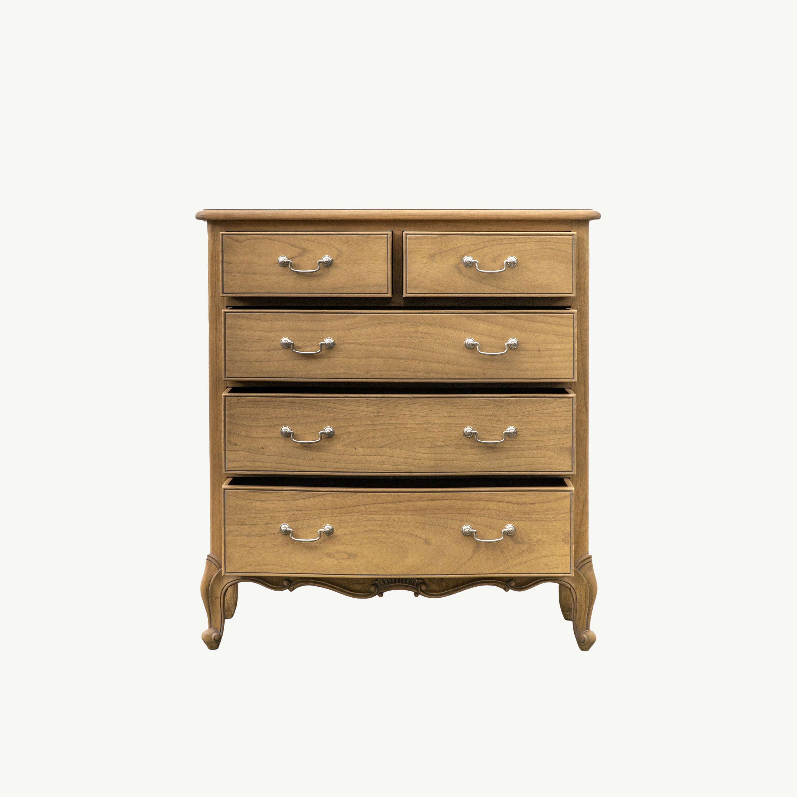 Mindy ash 5 drawer chest in weathered finish featuring dovetailed joints and hand carved sections