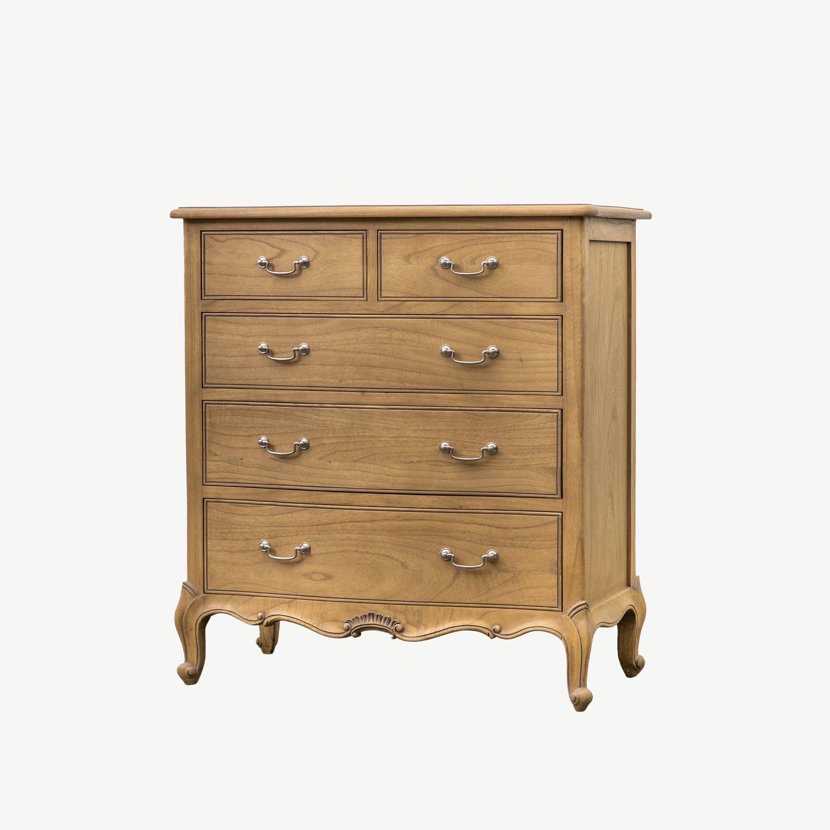 Mindy ash 5 drawer chest in weathered finish featuring dovetailed joints and hand carved sections
