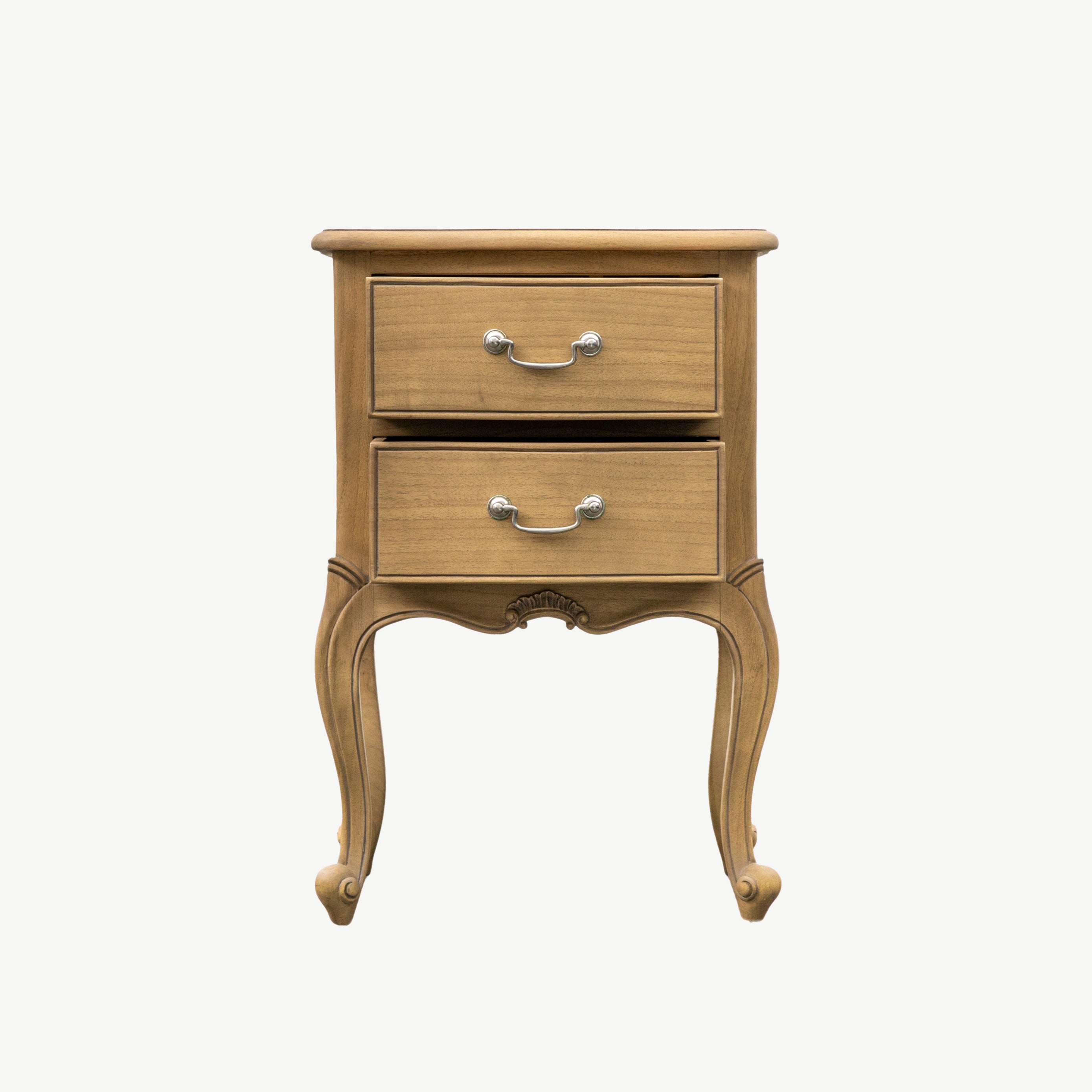 Mindy ash bedside table in weathered finish featuring dovetailed joints and hand carved sections
