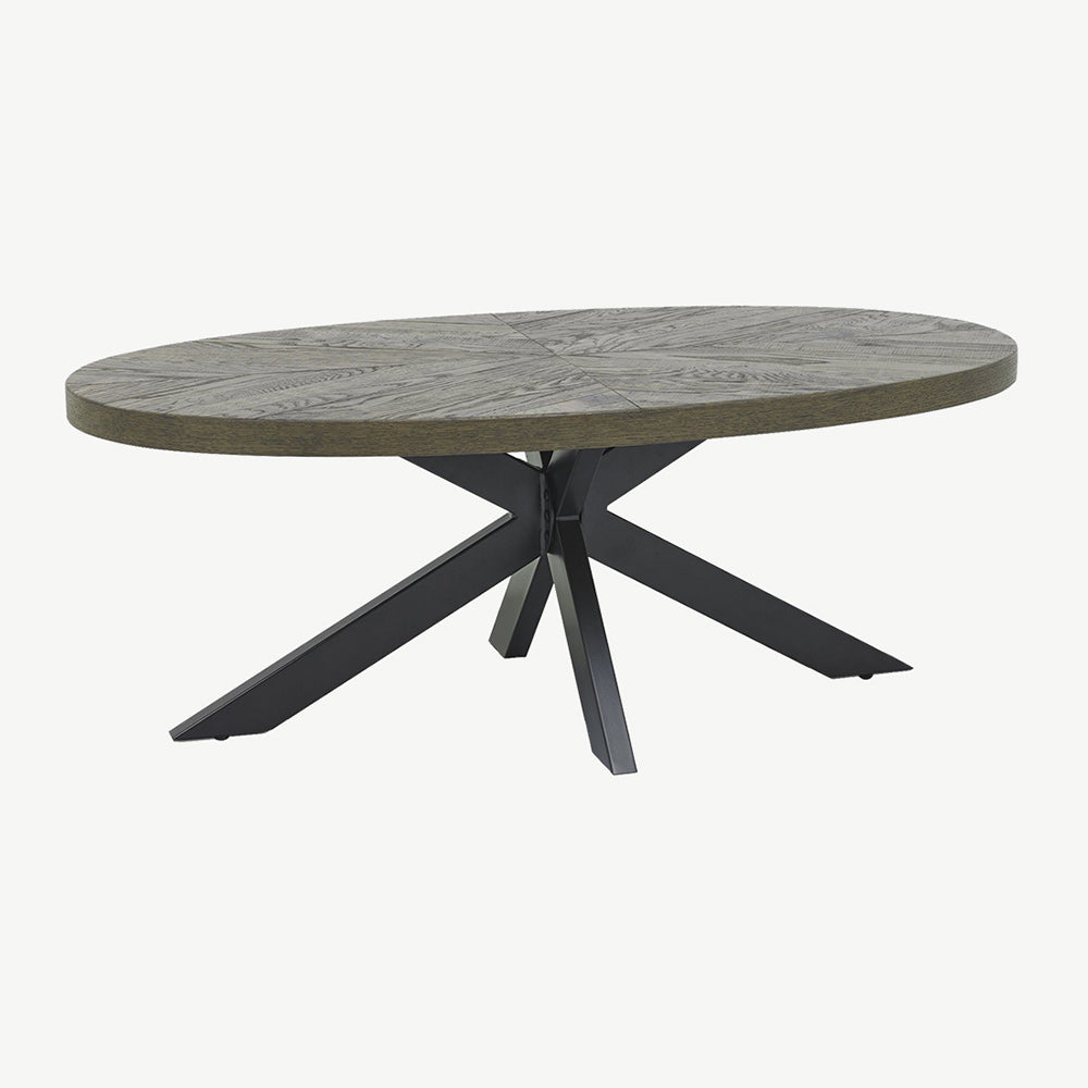 Solid oak coffee table with fumed oak marquetry tops & black powder coated metal base