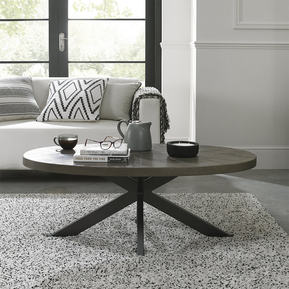 Solid oak coffee table with fumed oak marquetry tops & black powder coated metal base
