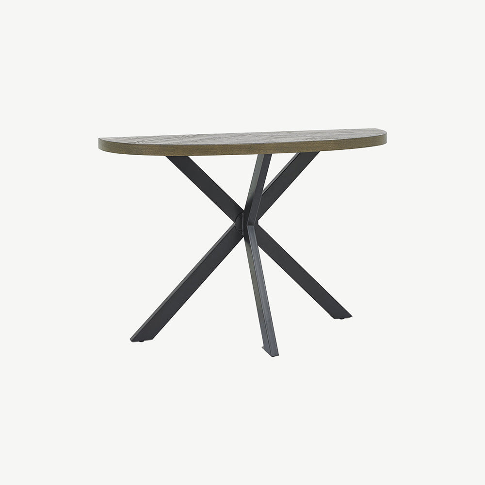 Solid oak console table with fumed oak marquetry tops & black powder coated metal base