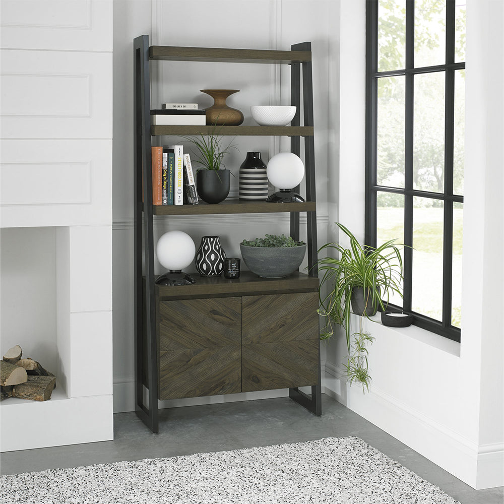 Solid oak open display unit with fumed oak marquetry tops & black powder coated metal base