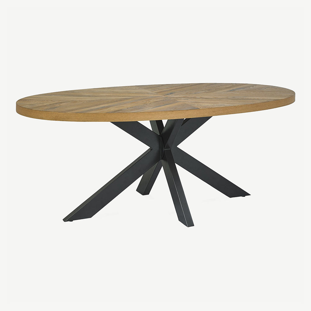 Solid oak 6 seater dining table with rustic oak marquetry tops & black powder coated metal base