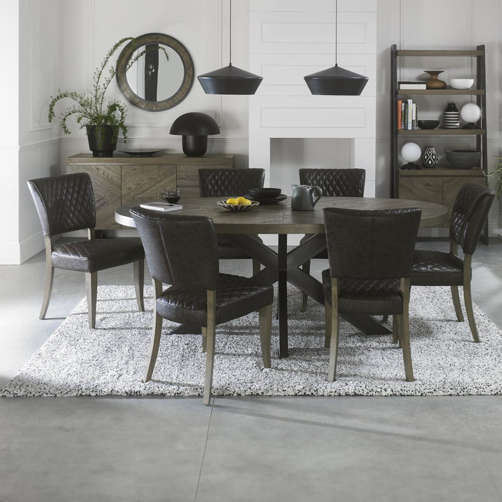 Solid oak 6 seater dining table with fumed oak marquetry tops & black powder coated metal base