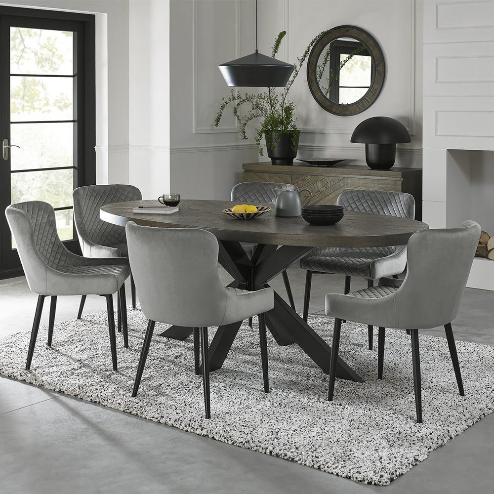 Solid oak 6 seater dining table with fumed oak marquetry tops & black powder coated metal base