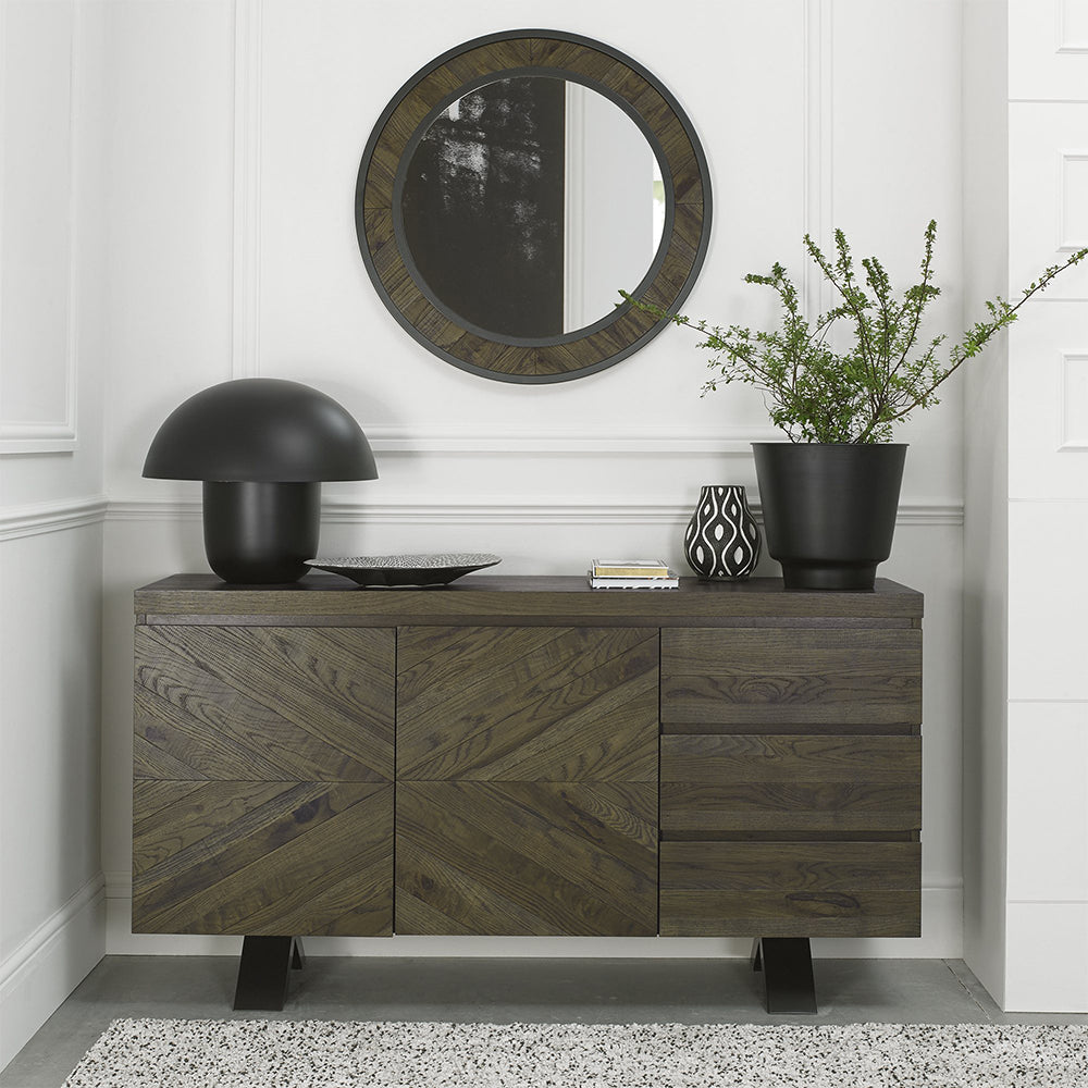 Solid oak wide sideboard with fumed oak marquetry tops & black powder coated metal base