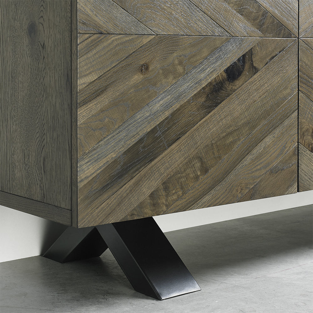 Solid oak wide sideboard with fumed oak marquetry tops & black powder coated metal base