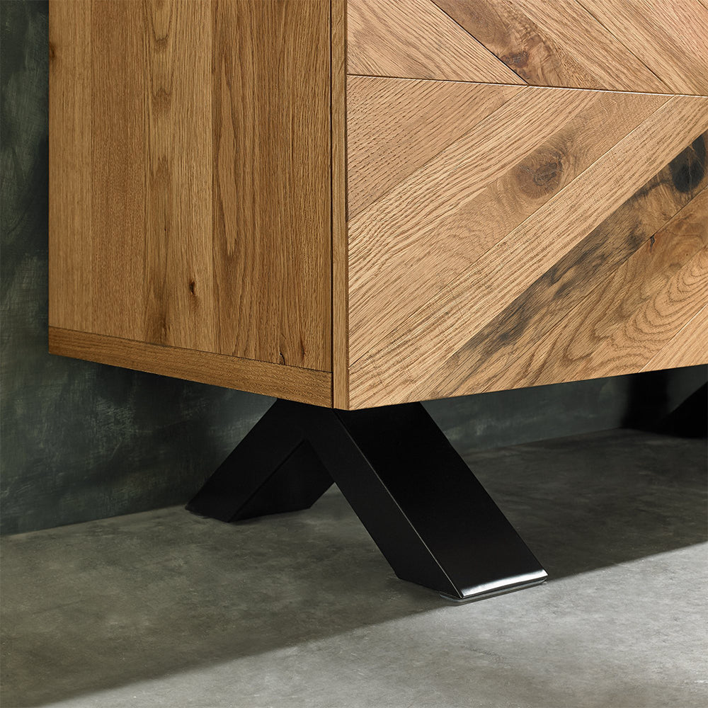 Solid oak narrow sideboard with rustic oak marquetry tops & black powder coated metal base
