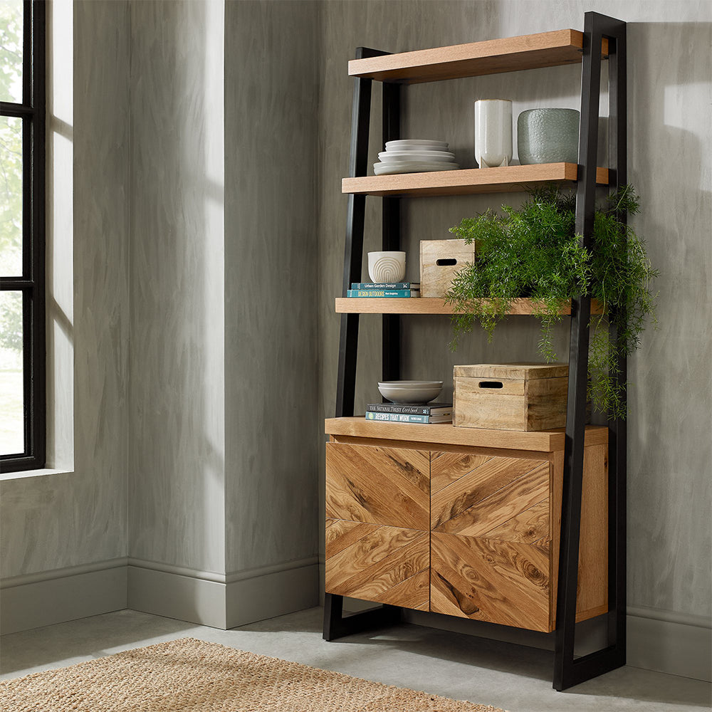 Solid oak open display unit with rustic oak marquetry tops & black powder coated metal base